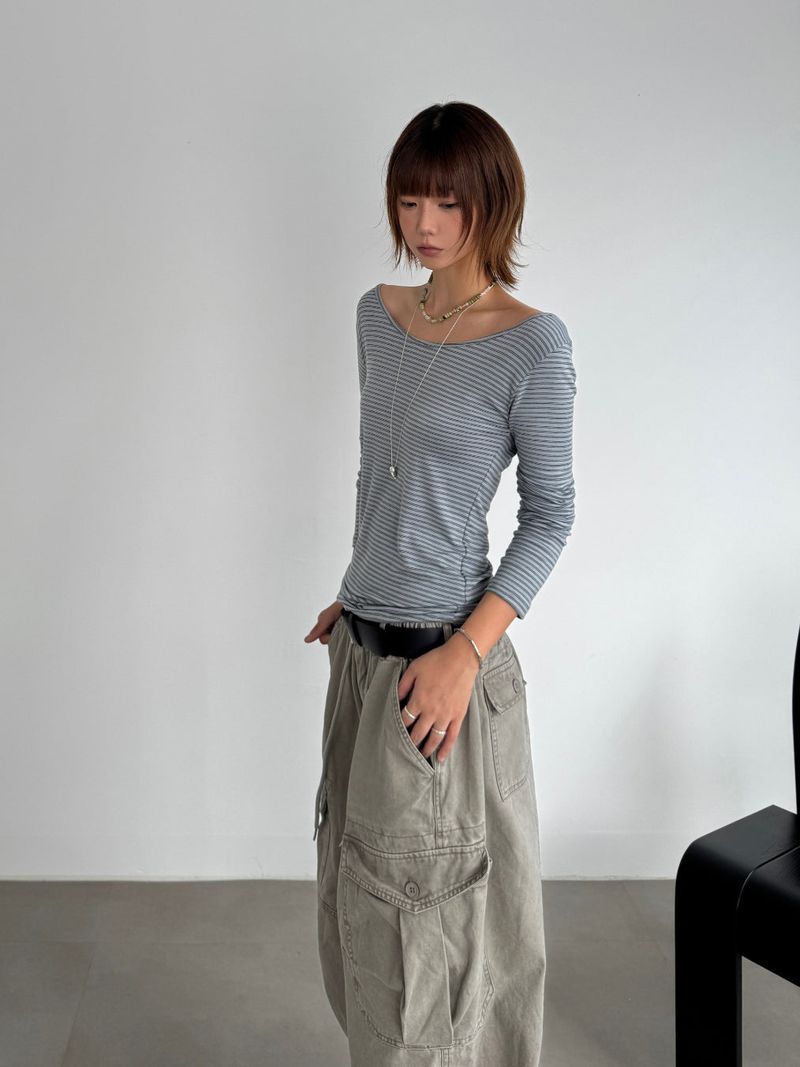 [prts made] soft touch boat-neck long sleeve T-shirts (blue stripe)
