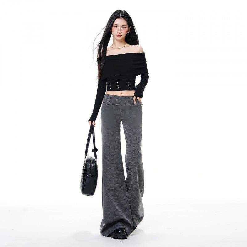 French Low-Waist Micro Flare Slacks – Tailored Slim Wide Casual Pants