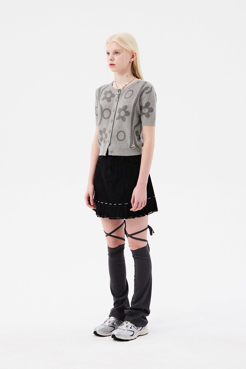 CHERRY JACQUARD PATTERN SHORT SLEEVE CARDIGAN [MELANGE GRAY]
