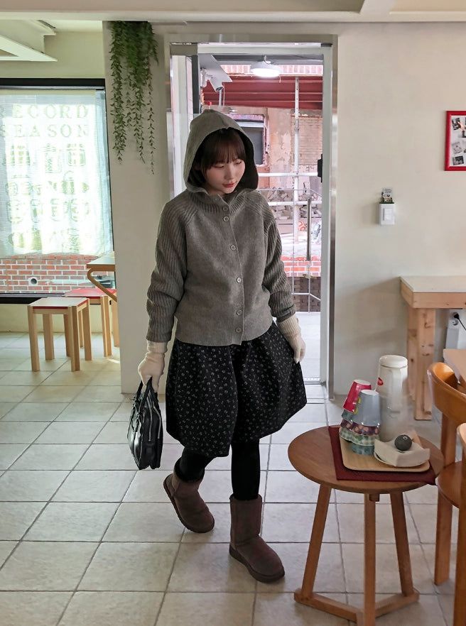 Higanne High Neck Angora Hood Knit Cardigan