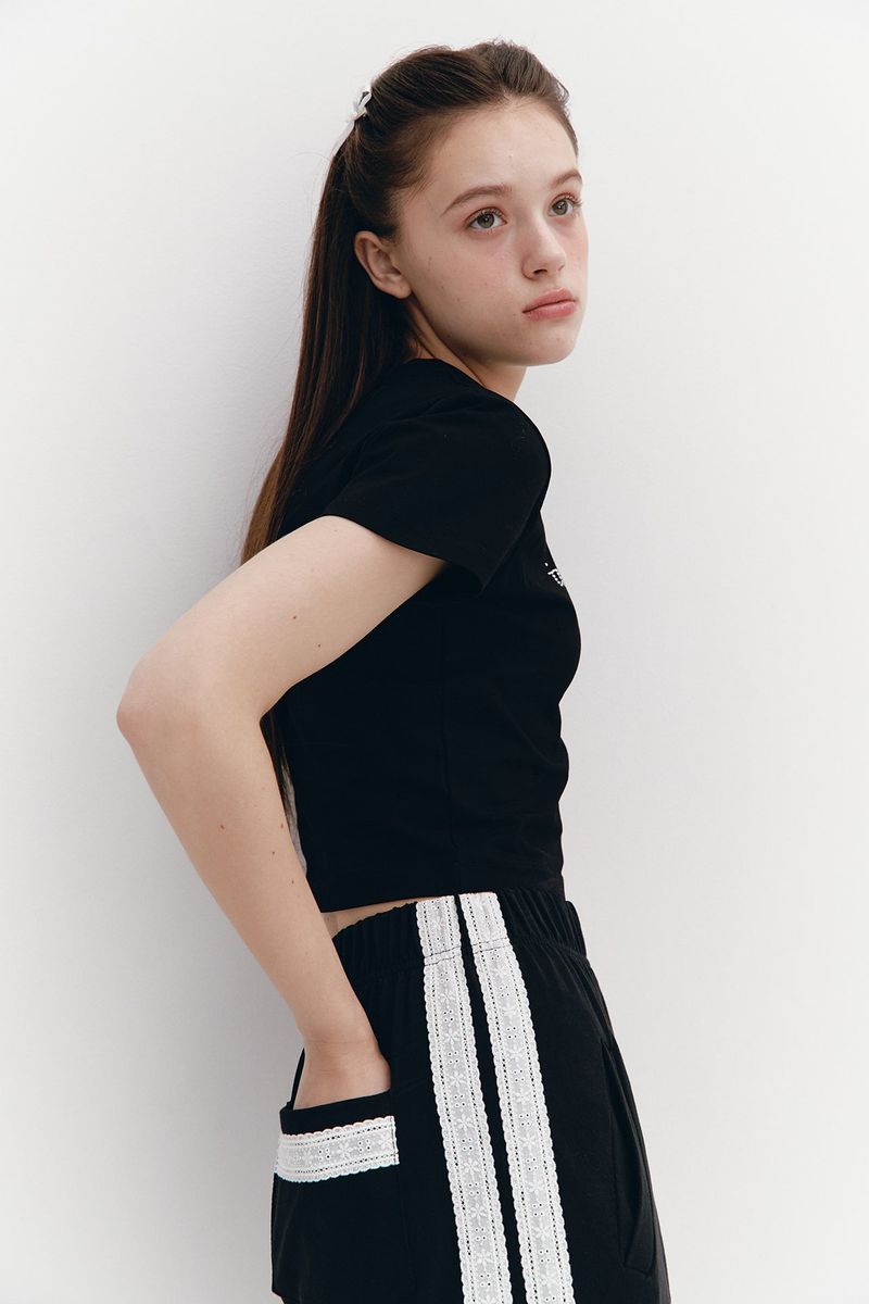 Lace Tape Banding Pants Black