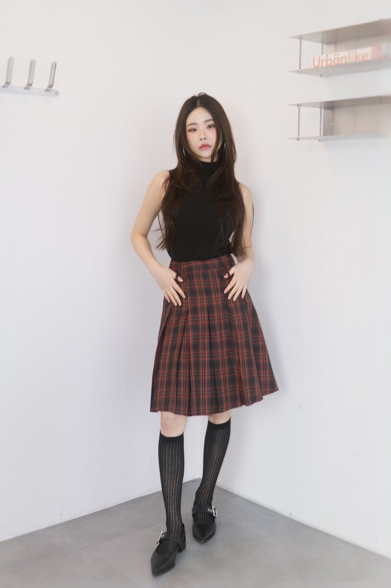 Red Preppy Checkered Midi Pleats Skirt