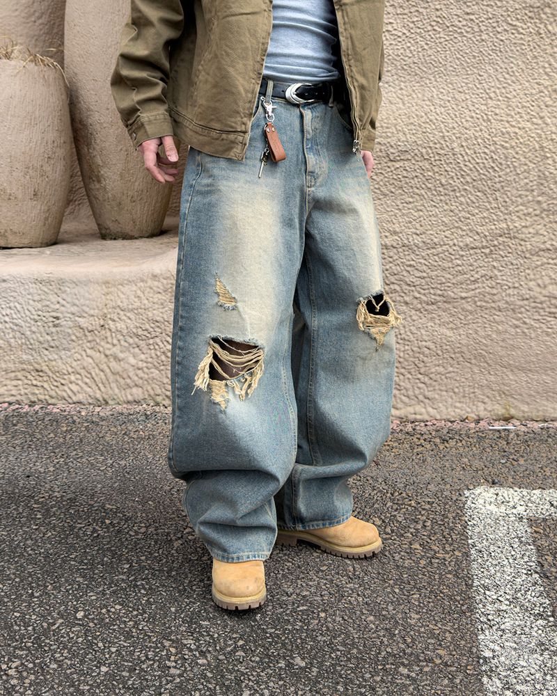 Roy Distressed Wide Denim Pants