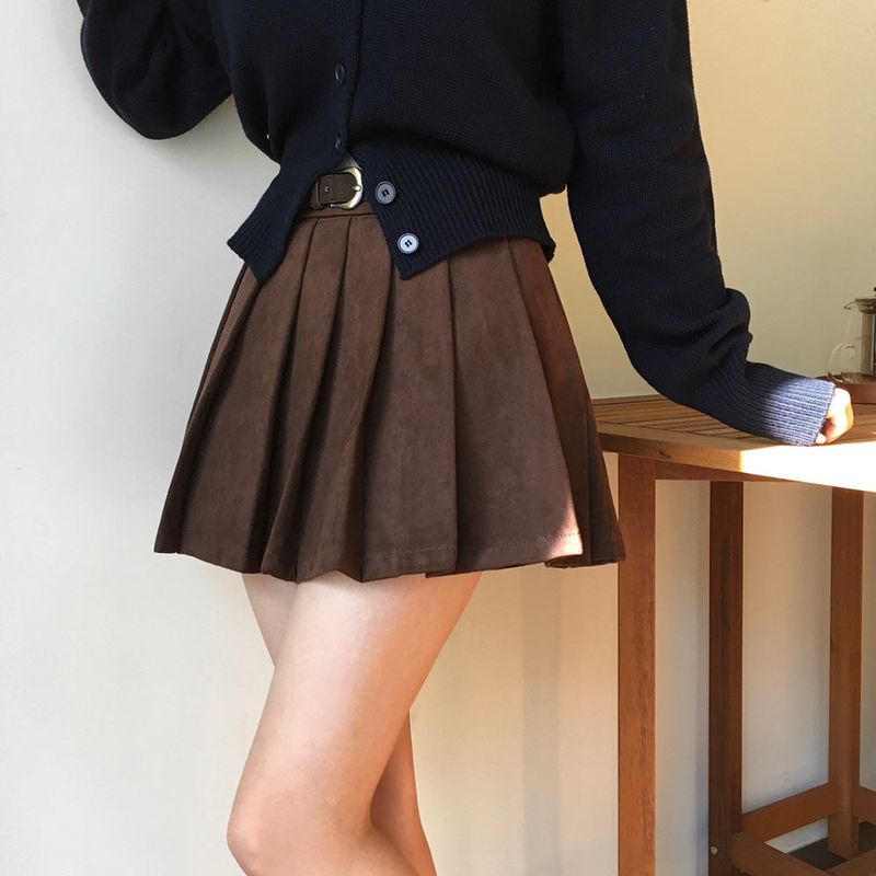 [3color] Mocha, suede pleated miniskirt