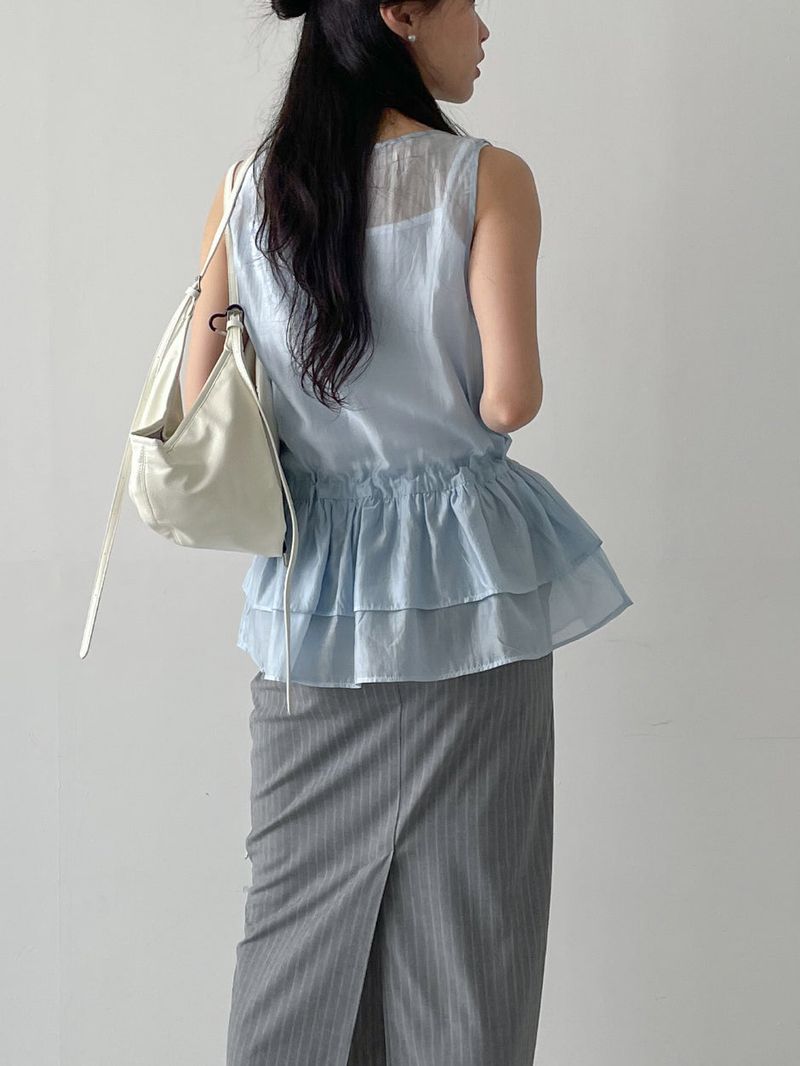 Tencel See-through Frill Sleeveless Blouse