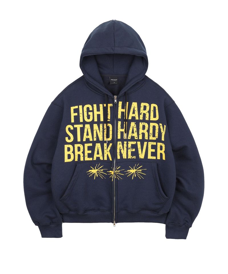 Crack Print Lettering Hooded Zip-Up - Navy