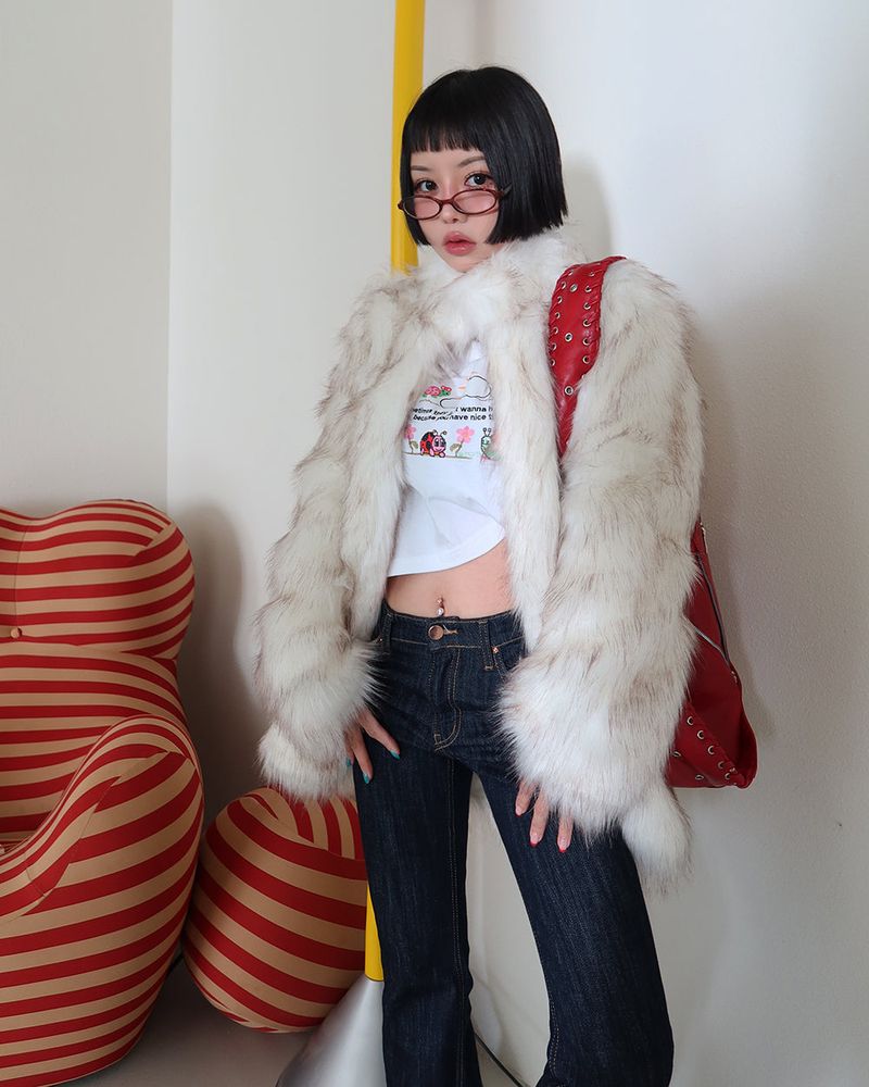 High-neck fake fur jacket coat