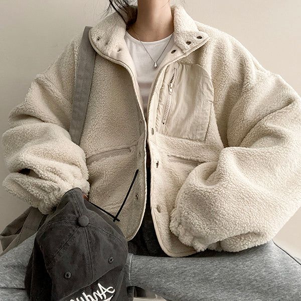 Acet Color High-Neck Soft Wool Zipper Snap Jacket
