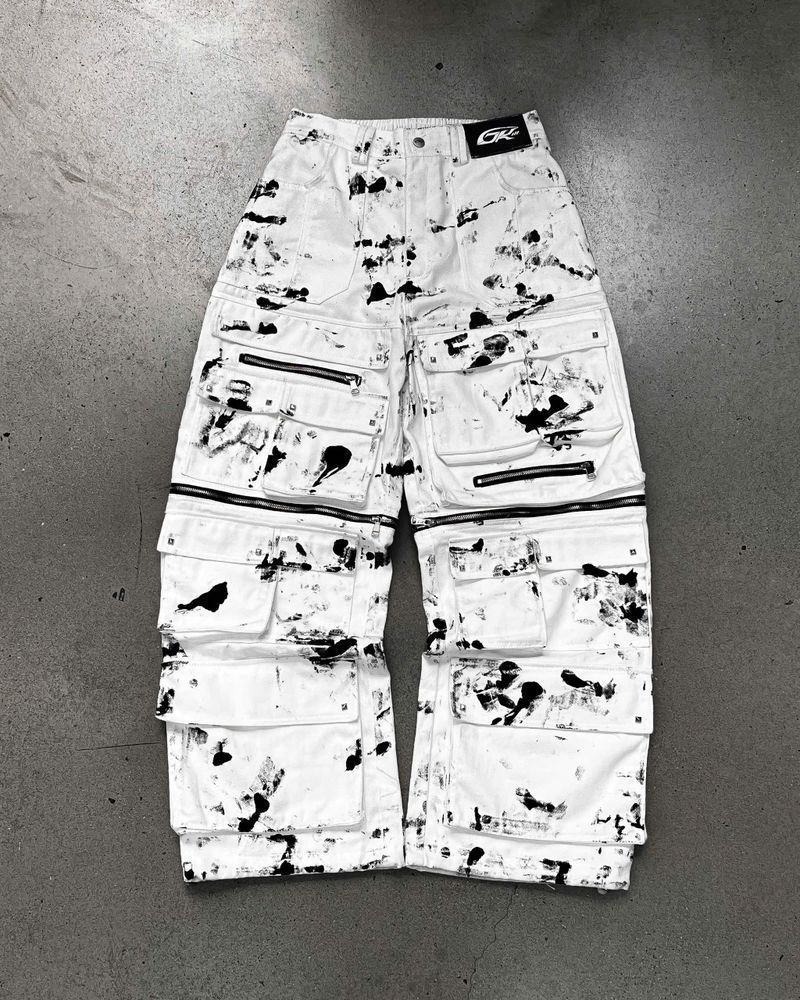 WASH-DENIM CARGO PANTS MULTI POCKET (White)