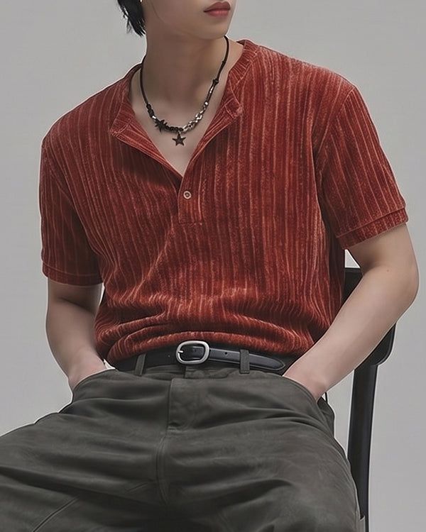 (M's) Ribbed Velour Henley Neck Tee 26SS-011
