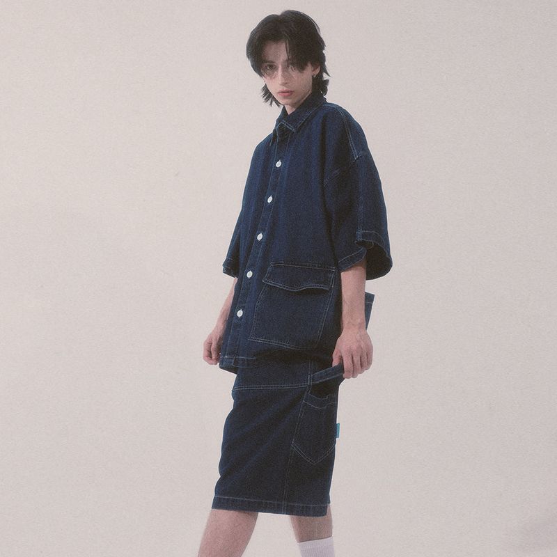 denim stitch shorts_blue