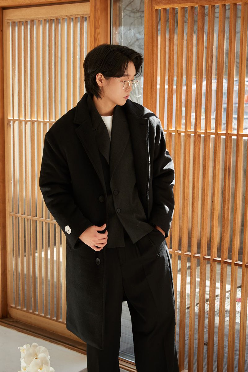 Classic Patch Inner padding Unisex Black wool coat