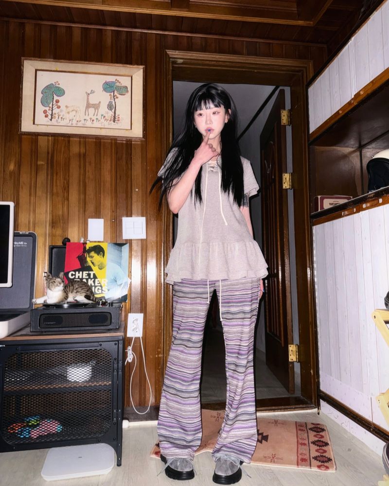 (2color) Wave Stripe Bootcut Knit Pants