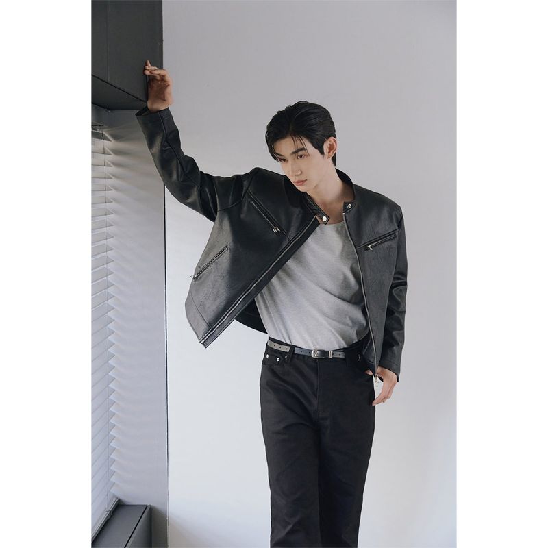 Essential cracked leather biker jacket(Black)