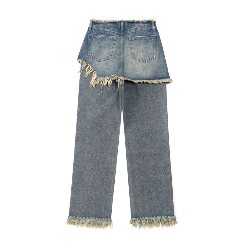 STUD DENIM SKIRT LAYERED PANTS (BLUE)