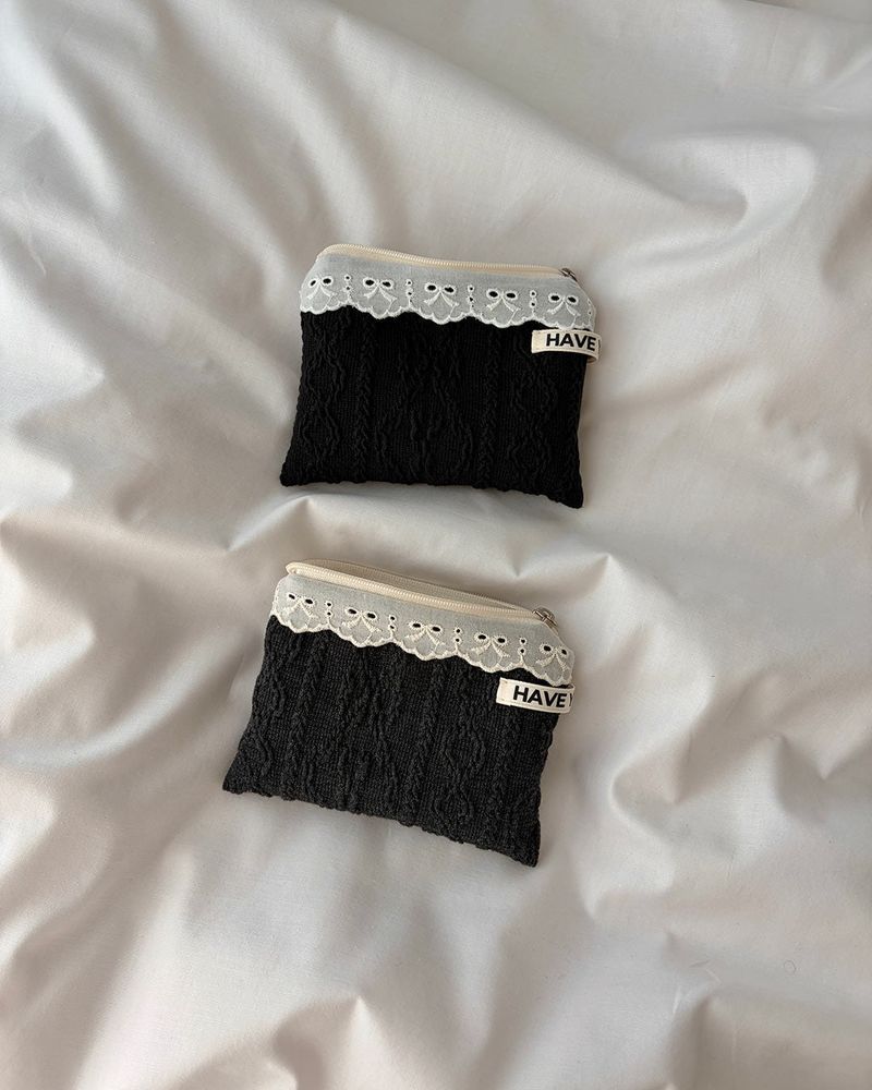 Ribbon lace cable flat pouch - black , M size