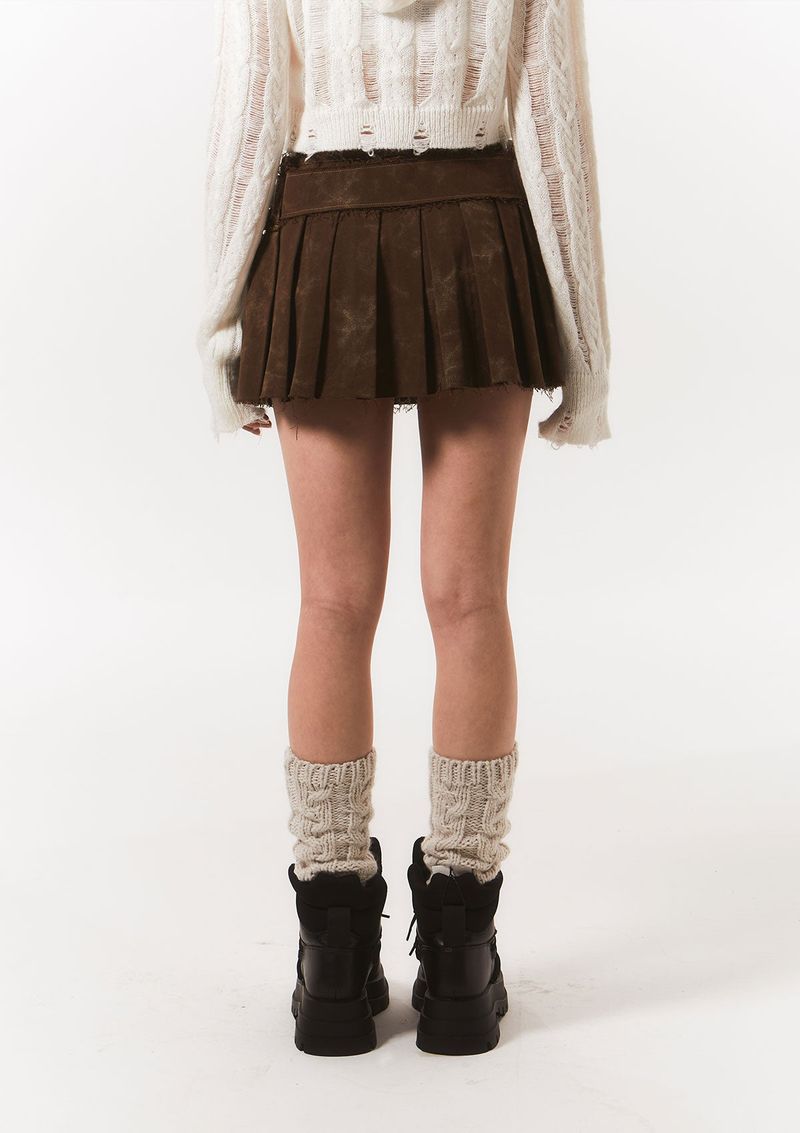 rough belted pleats sk - brown
