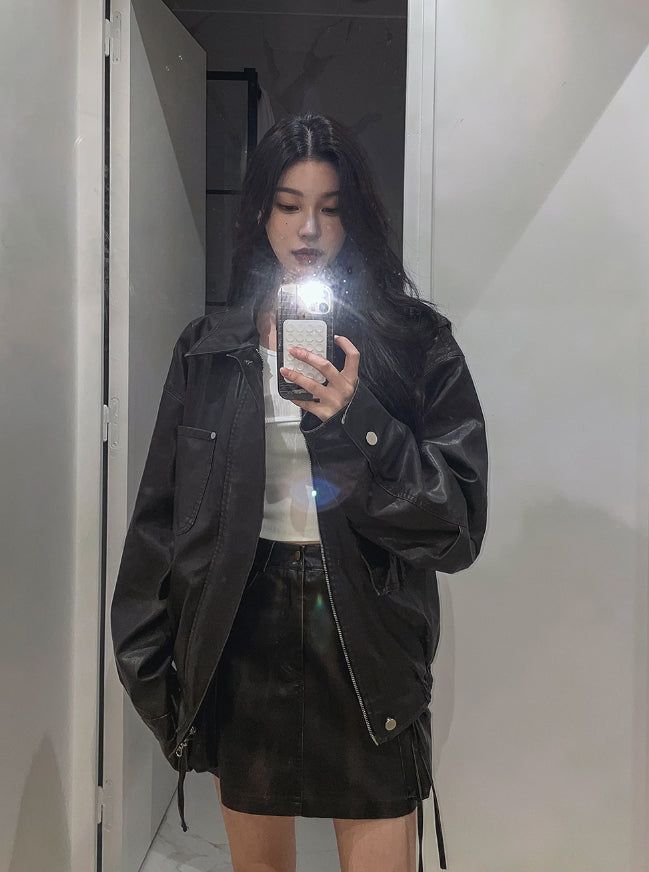Teen vintage puffer work leather jacket