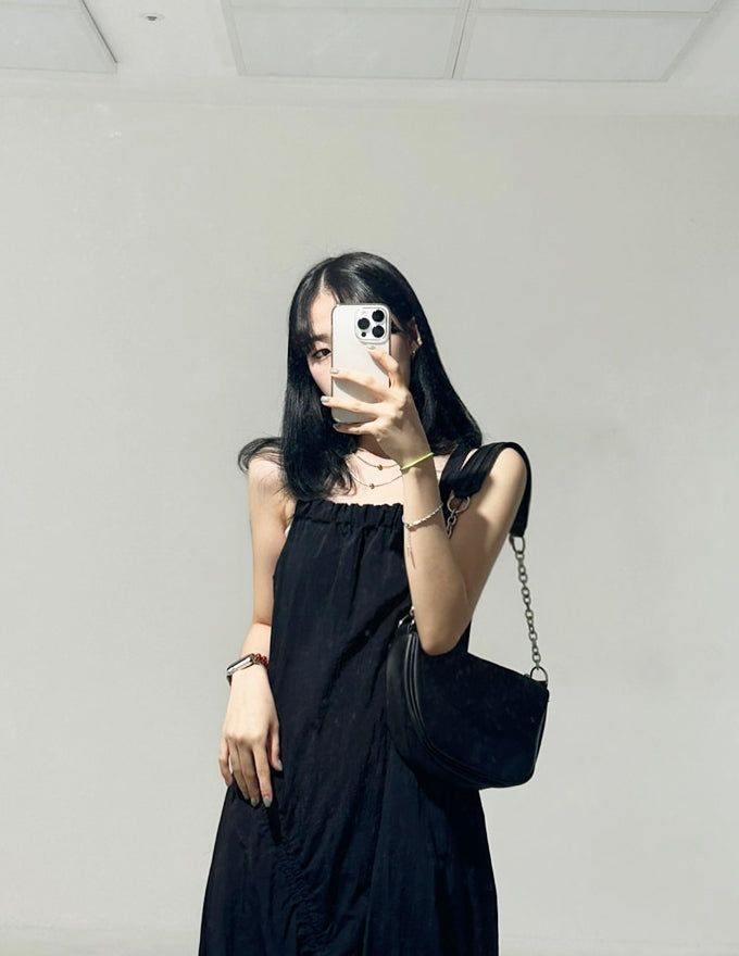 String Shirring Balloon Long Dress
