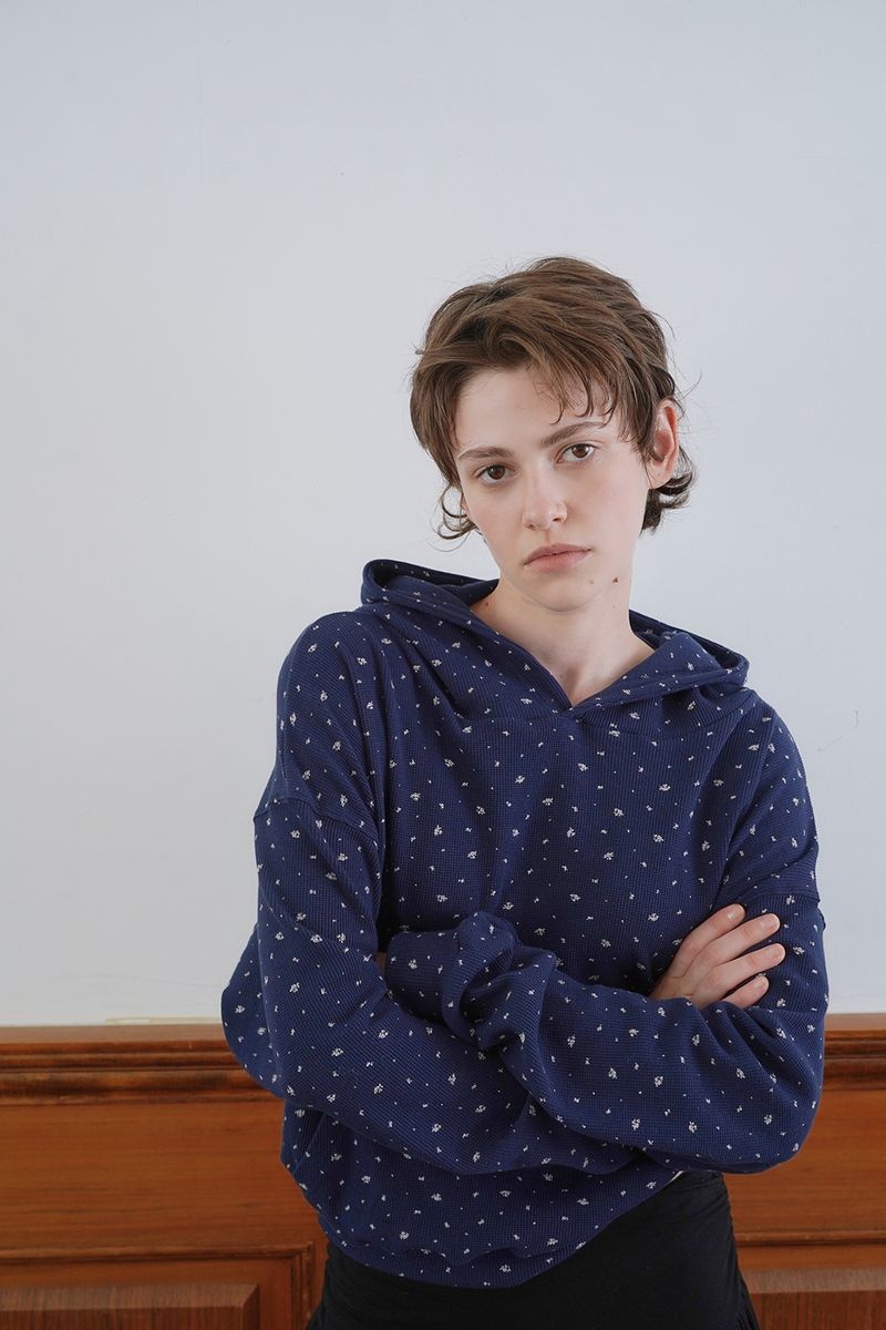 Floral waffle hoodie_navy
