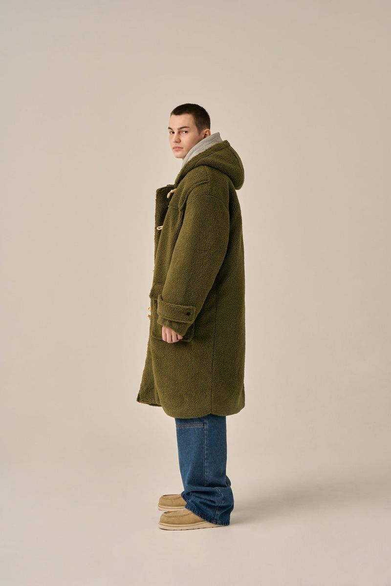 DUFFLE FLEECE HOODED COAT - KHAKI
