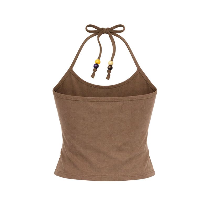 Beads Pigment Halter Neck Sleeveless Brown