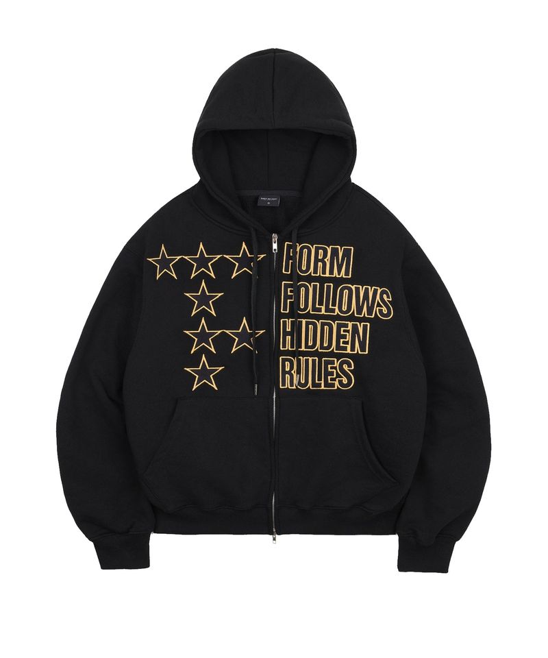 Star Lettering Patch Hoodie Zip-Up - Black