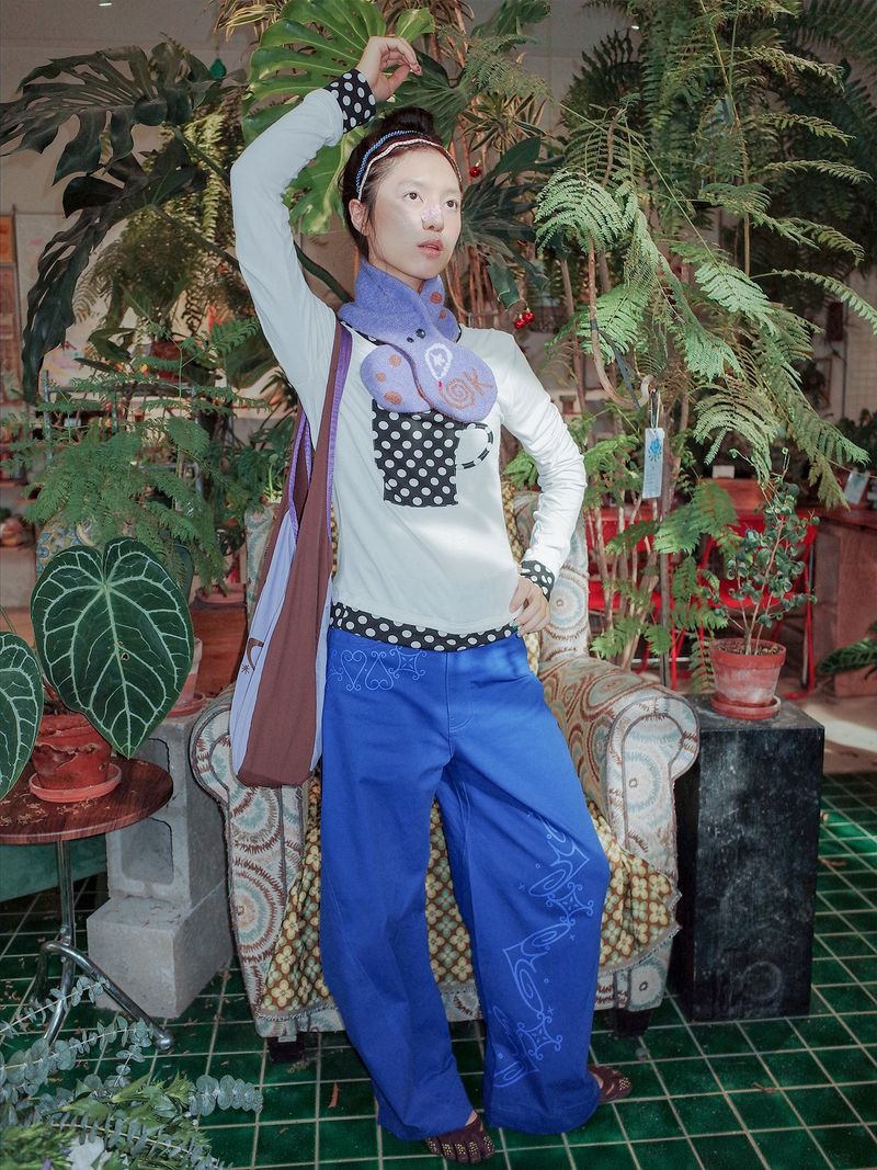 UnsocalNight2025 Original Literary Retro Autumn and Winter プリントブルーストレートマシェパンツ