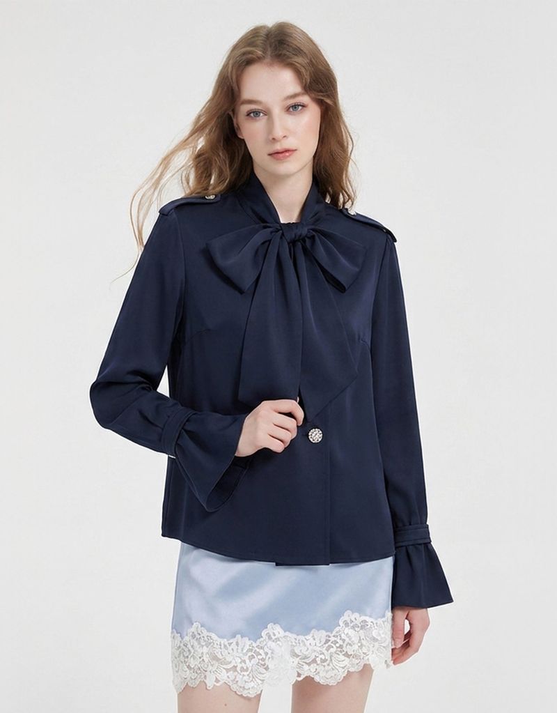 TWEEDY-A（ツウィーディア）の「[PRE-FALL]ルーン ハイネック リボンタイ フレアカフ ジャケット ネイビー（ジャケット/アウター）」