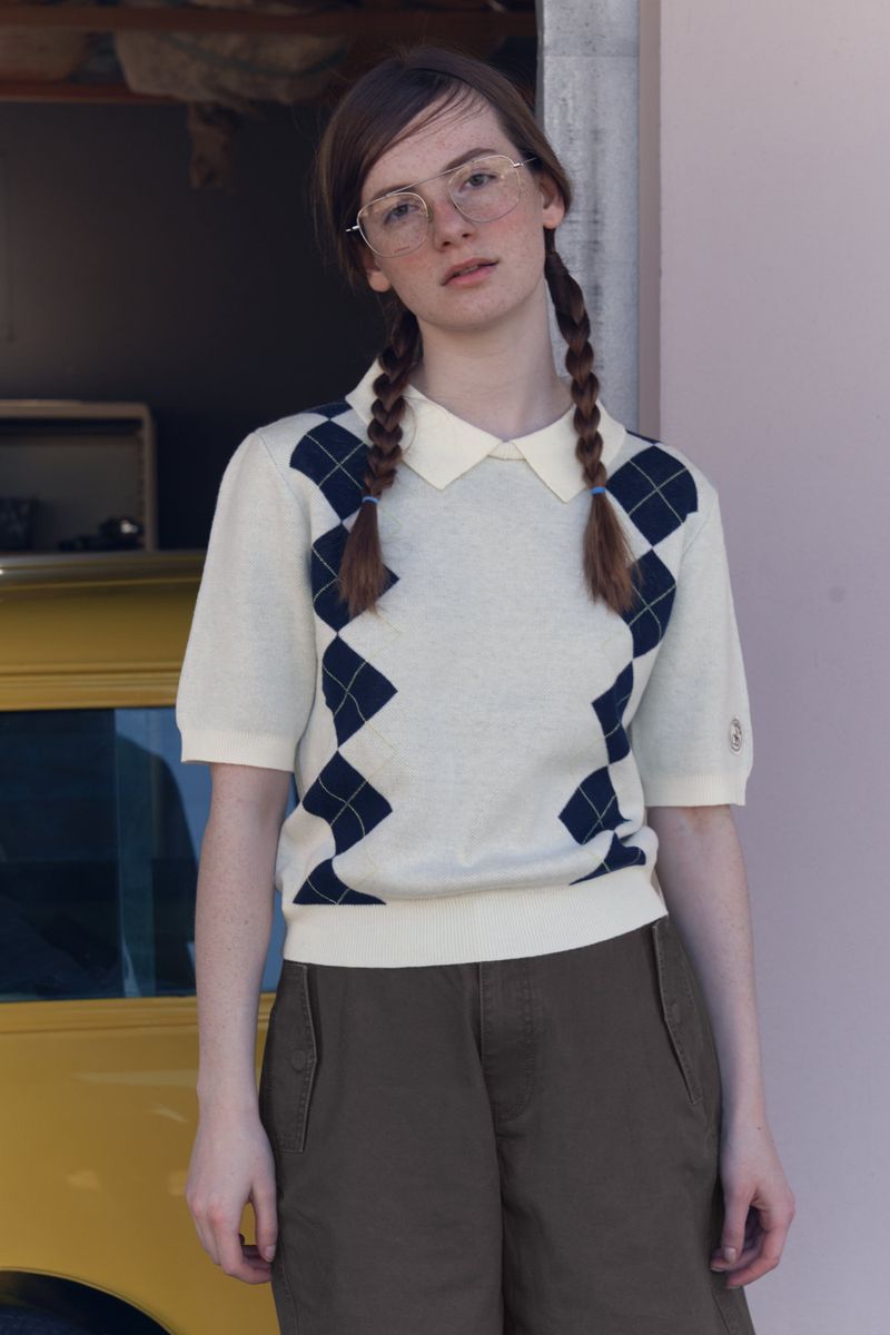 ARGYLE PATTERN SHORT SLEEVE KNIT [IVORY]