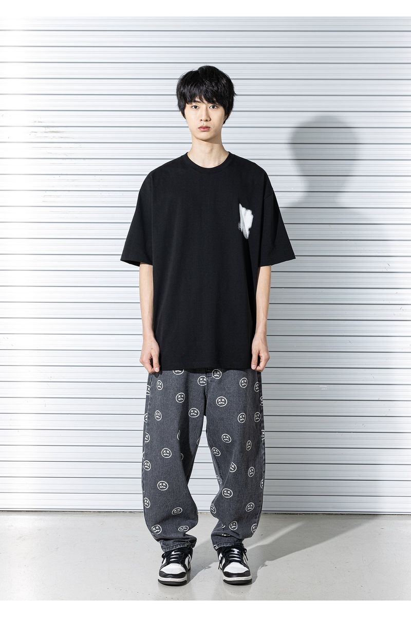 SMILE PATTERN DENIM PANTS (BLACK)