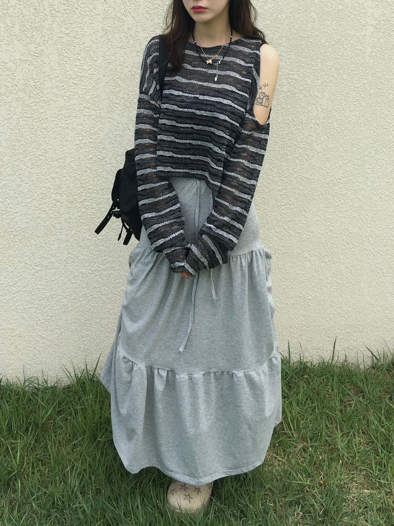 Shuming Unbal Shirring Banding Long Skirt (2c)  