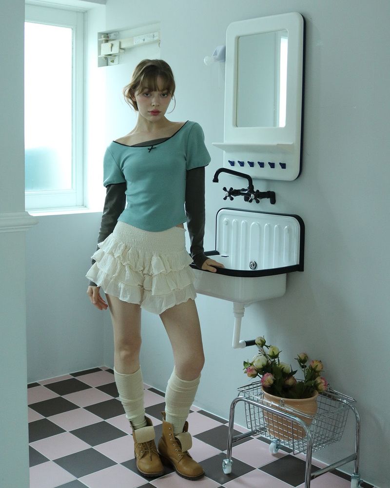 Fazed（フェイズド）の「Puff lace layered top / sky-blue（Tops）」