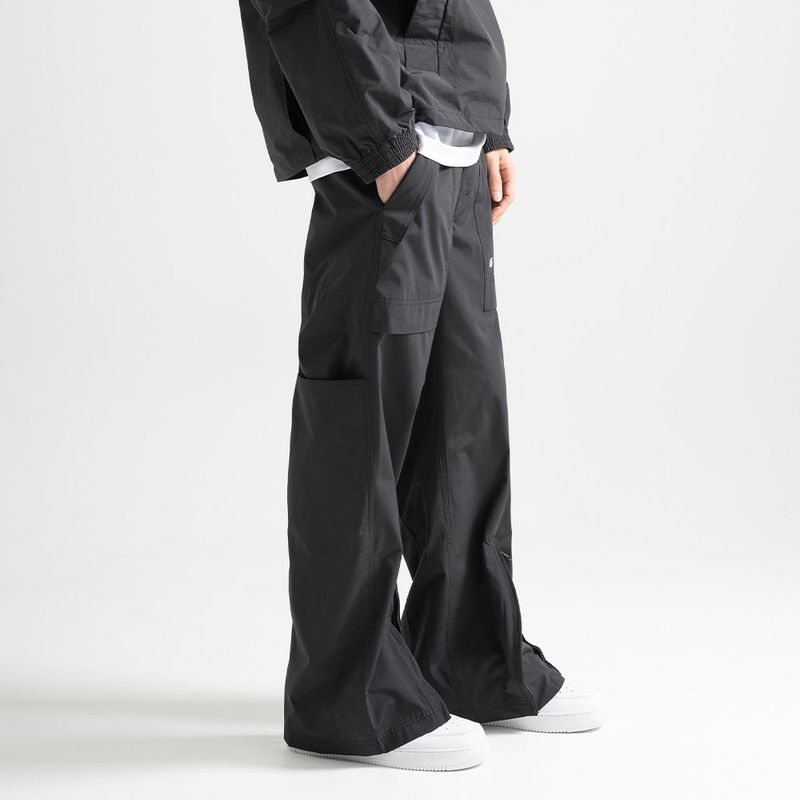 Poly Cotton RIB Track Zip Pants - BLACK