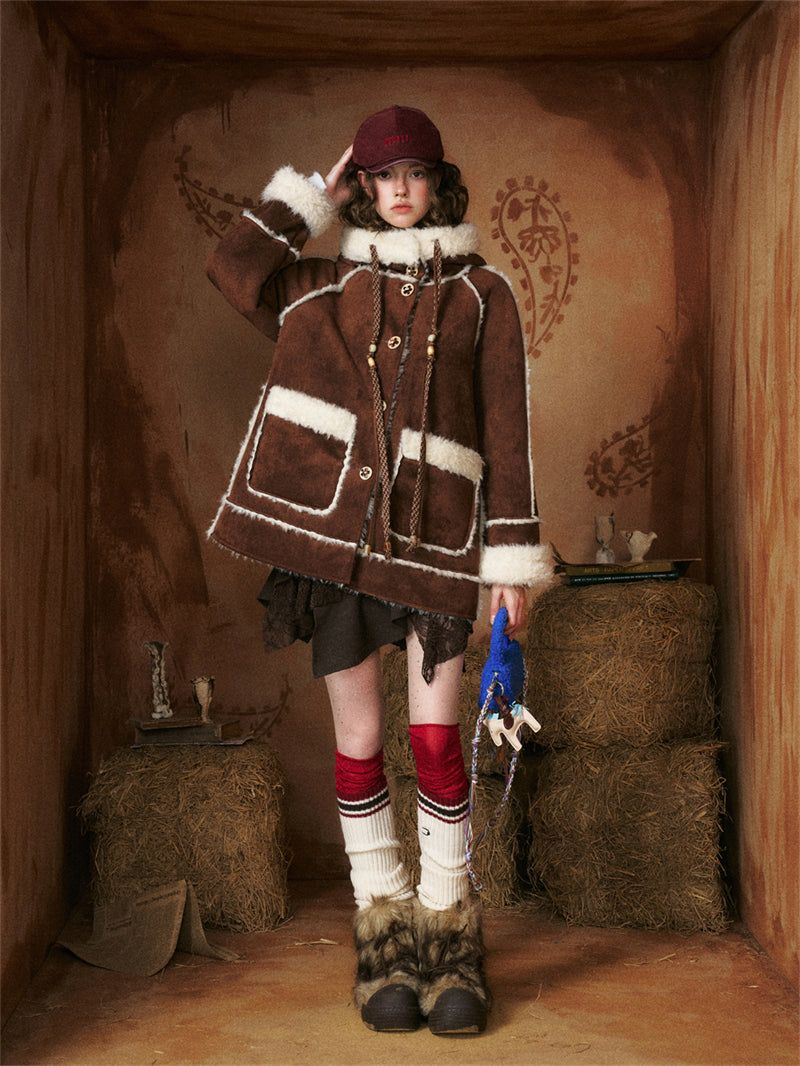 Flower Button Duffle Shearling Coat