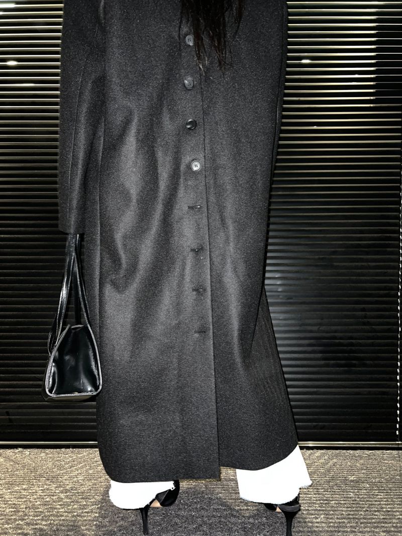 [UNISEX] Wool back button maxi long coat (Black)