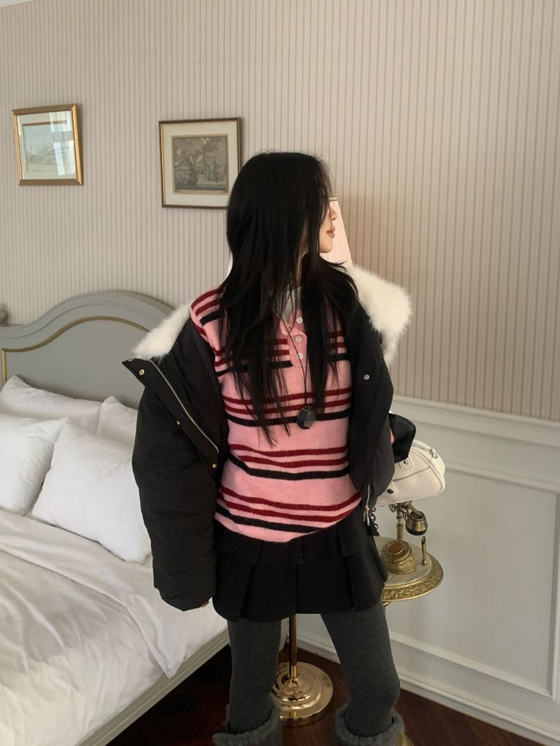 Ice Bloom Fur-Collar Duck Down Short Puffer