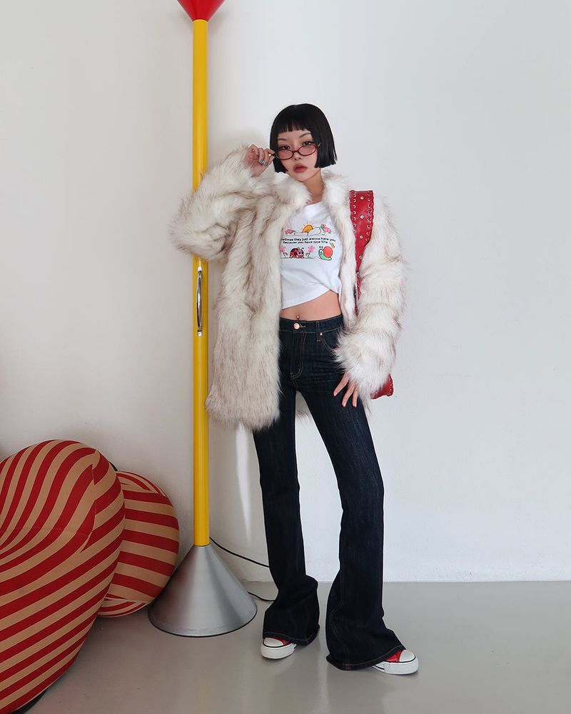 High-neck fake fur jacket coat