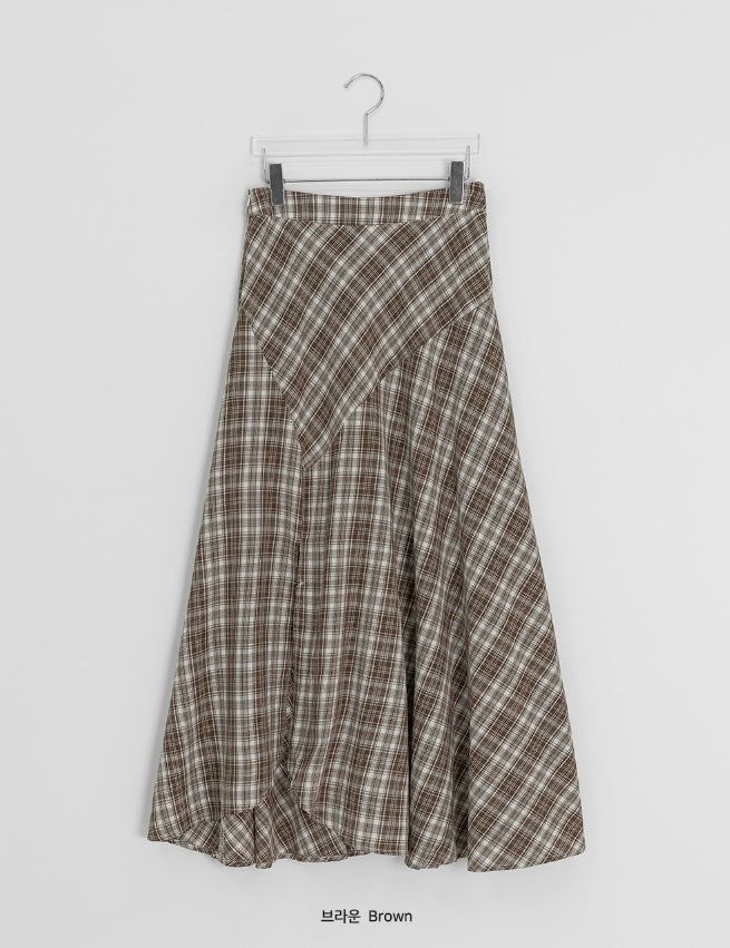 Hari Check Unbalanced Slit Long Skirt