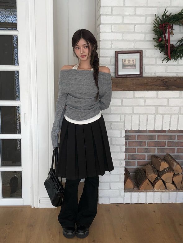 [Belt Set] Scan Wool Pleat Belt Midi Skirt