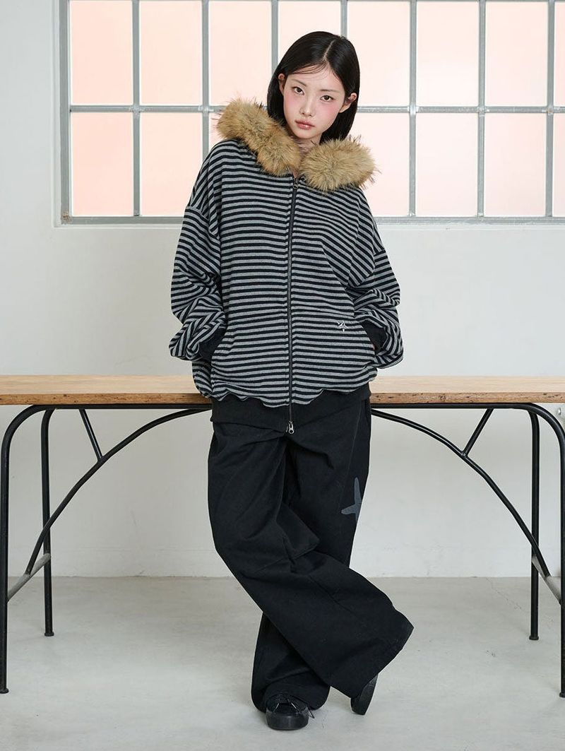 STRIPE WINGS FUR HOODIE ZIP-UP