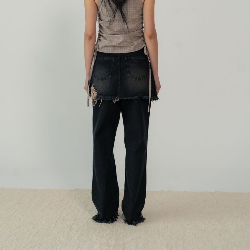 STUD DENIM SKIRT LAYERED PANTS (BLACK)