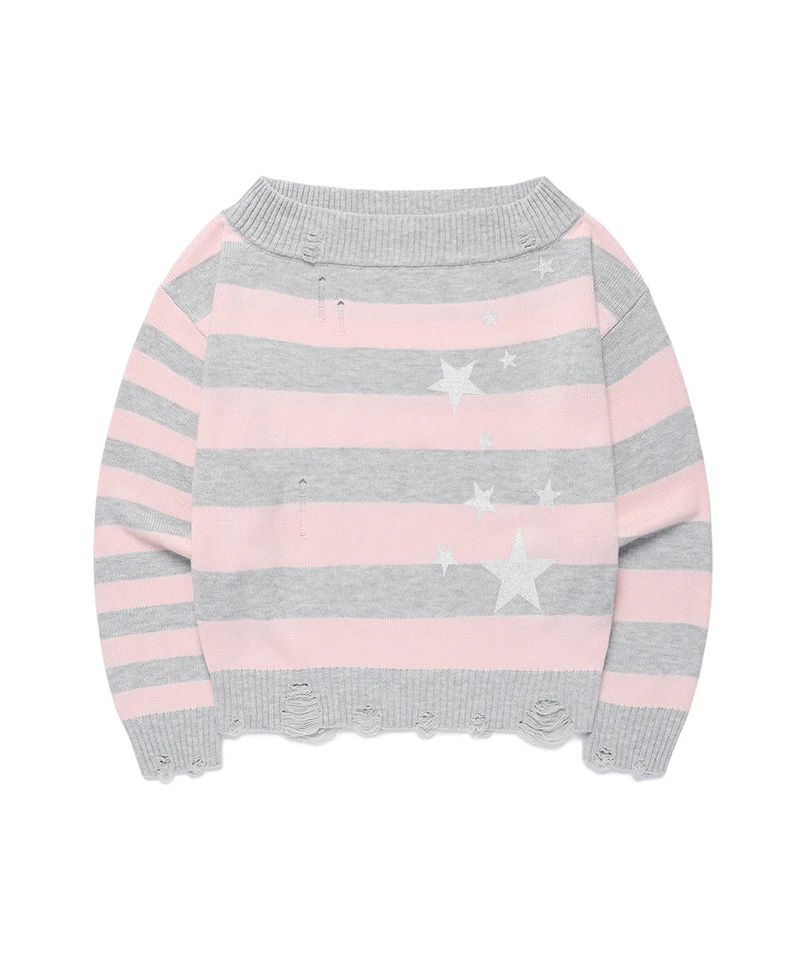 DAMAGED STAR STRIPE OFF SHOULDER KNIT PINK(CV2GFFK620A)