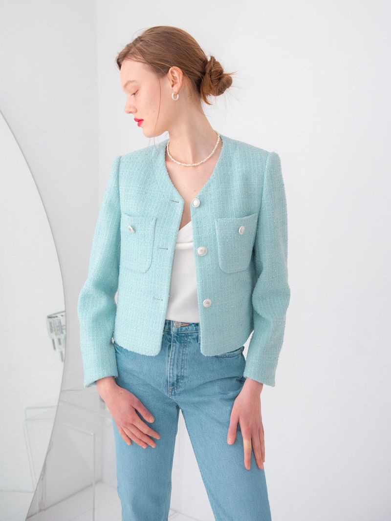vem.ver(ベムバー)の「POCKET POINT V-NECK TWEED JACKET_MINT(Jackets/Outerwear)」