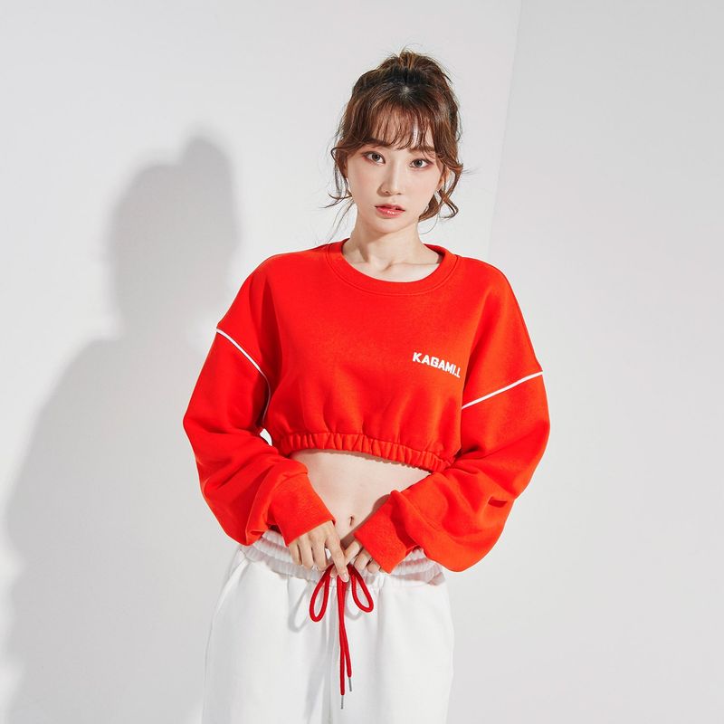 Oversize Line Point Crop Sweat shirt Red