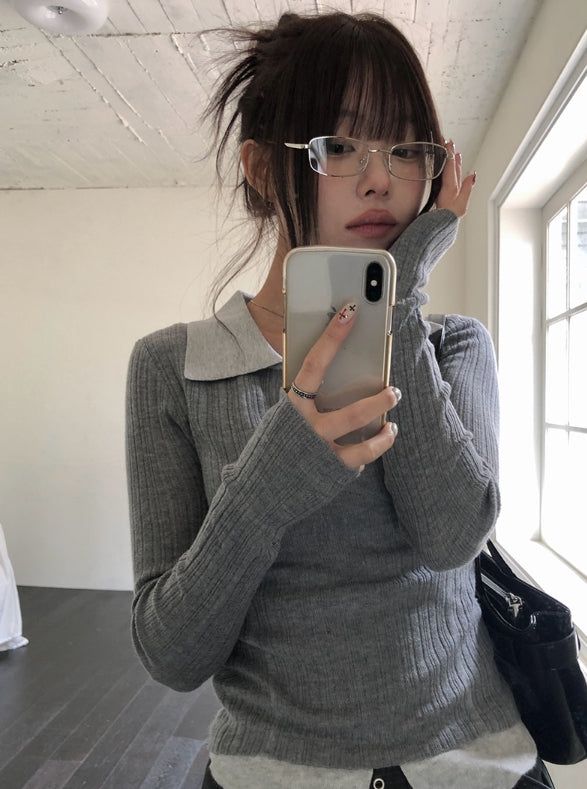 Elti Collar Color Matching Slim Ribbed Knit