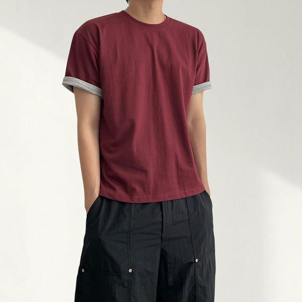 クリーカラーブロックレイヤードロールアップ半袖Tシャツ (8 colors)