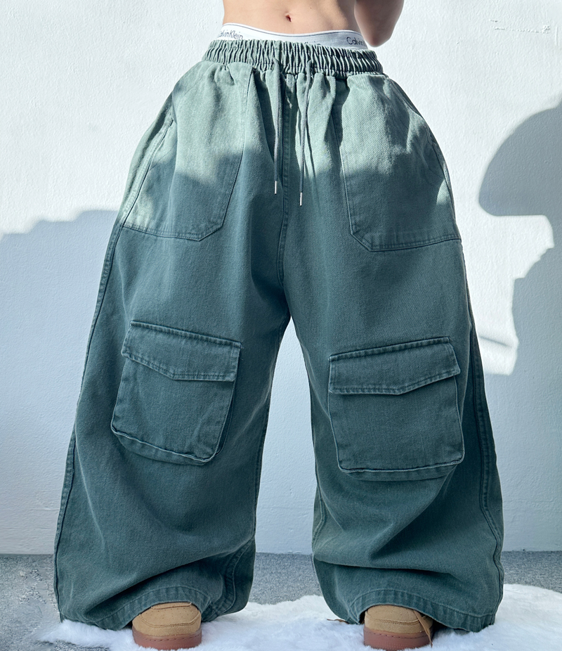 FRONT CARGO WIDE COTTON PANTS🖤💚💛🤎 - 4 COLORS