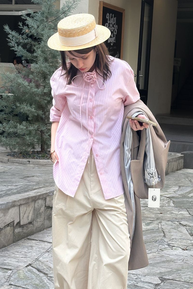 BROOCH STRIPE SHIRT_PINK