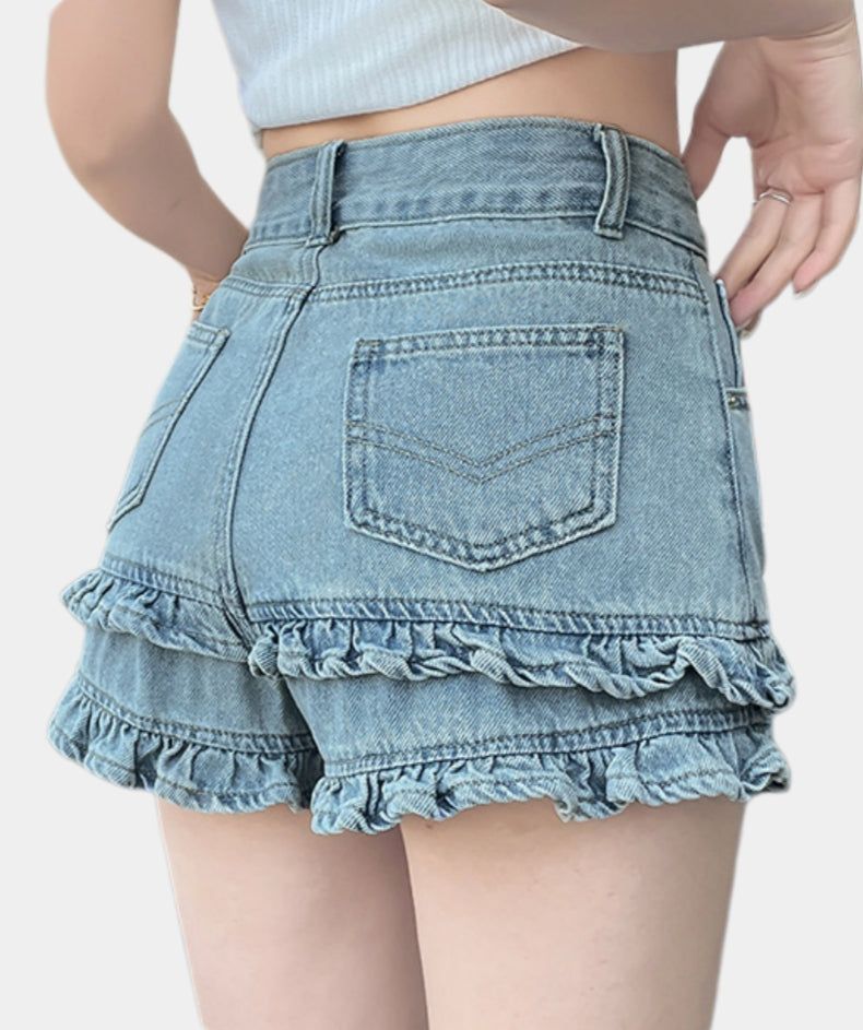 Ruffle Ring Layered Denim Shorts